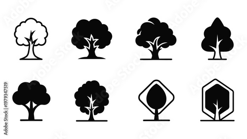 A collection of eight black and white stylized tree icons and shapes varying in form and silhouette high quality professional detailed