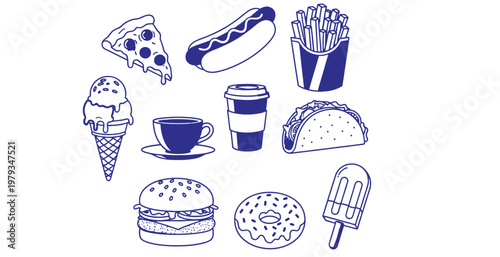 Fast food collection a blue sketch of various delicious treats
