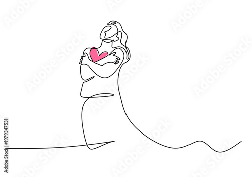 Woman hugging herself with heart showing self love concept. Minimalist continuous one line drawing of body positive idea.