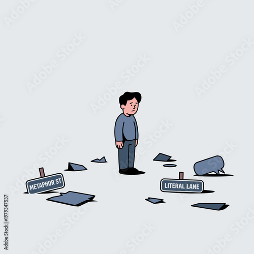 Confused man standing between metaphor st and literal lane with scattered papers