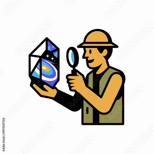 Cartoon man in safari hat examines crystal ball with magnifying glass seeking answers in colorful gemstone symbolizing curiosity and discovery in a mystical object