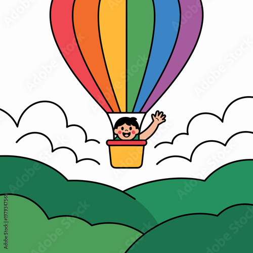 Cheerful cartoon child flying in a vibrant rainbow colored hot air balloon above fluffy green hills and white clouds