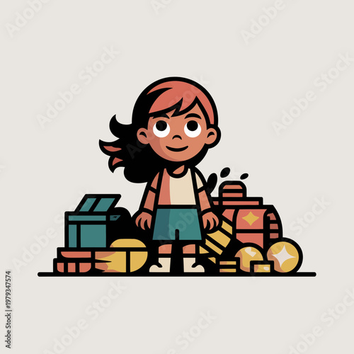 A young girl happily surrounded by stacks of colorful coins and treasure chests symbolizing wealth and savings with a cheerful expression