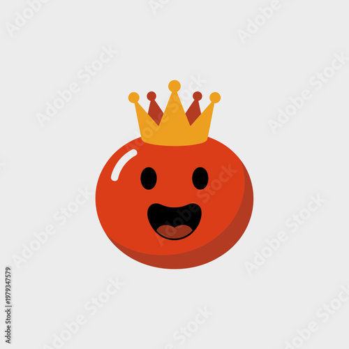Smiling red emoticon face with shiny crown on head symbolizing happiness and royalty on a white background