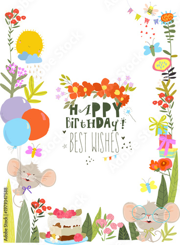 Floral Frame with Cute Funny Mouse celebrating Birthday. Vector Illustration