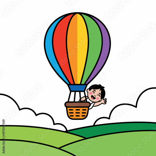 Colorful hot air balloon flying over green hills with a joyful child waving from the basket on a sunny day with white clouds