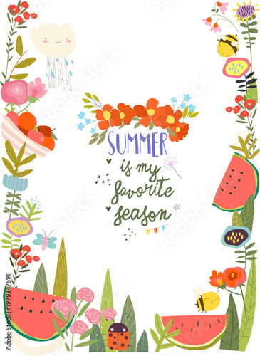 Cute Cartoon Frame with Watermelon, Apples, Summer Flowers, Plants and Bees. Vector Illustration