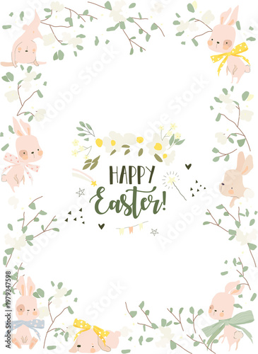 Easter Frame with Flowers and Rabbits. Vector Illustration