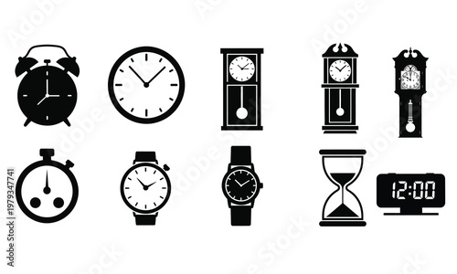 Collection of various timekeeping devices in black silhouette style