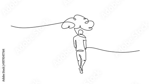 Person walking away with heavy cloud over head continuous one line drawing. Abstract mental health and depression concept.