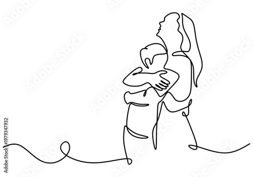 mother hugging child single line art. minimalist family and parenting love psychology concept, good for mothers day banner.