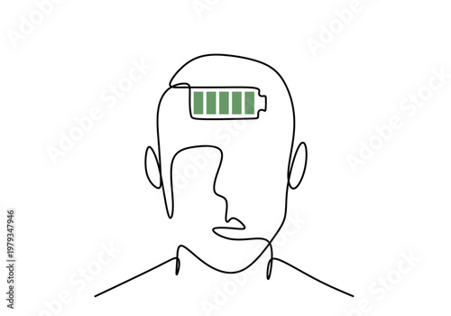 human head profile with battery level single line art. minimalist psychological concept of mental energy burnout and recharge.
