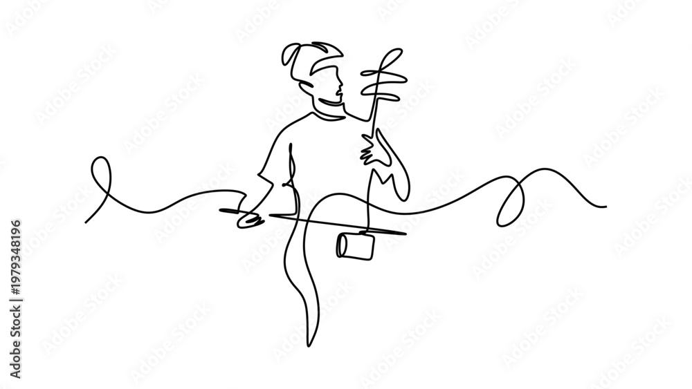 Fototapeta premium Musician playing traditional asian instrument with abstract sound waves single line art. Minimalist music rhythm concept.