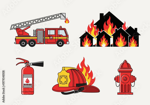 Firefighting Equipment and Fire Safety Vector Icons Set: Fire Truck, Extinguisher, Helmet, Hydrant, and Burning Houses Illustration