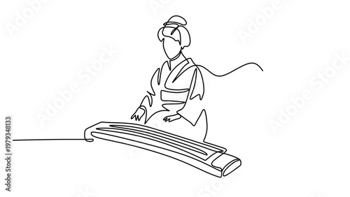 Traditional asian musician playing koto single line art. Minimalist japanese culture music performance graphic design.