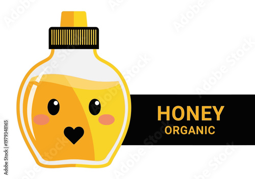Kawaii Organic Honey Bottle Vector Illustration with Cute Face and Label. Flat Cartoon Style Design for Healthy Food, Natural Sweetener, and Branding.
