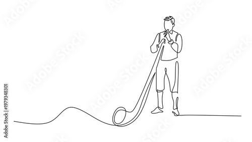 Alphorn in continuous one line drawing. Musician standing playing long traditional horn, Minimalist concept for cultural folk music performance.