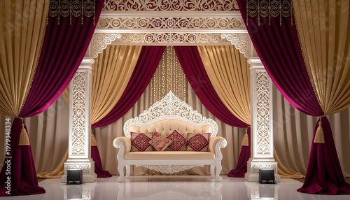 Opulent Melayu wedding stage decoration with intricate carvings and rich fabrics