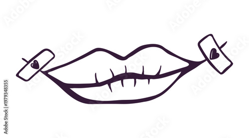 Lips with a plaster with hearts painted on them, hand-drawn style. Vector illustration isolated on white background