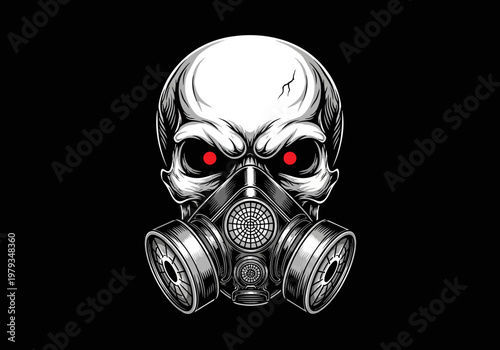 Aggressive Skull Wearing a Tactical Gas Mask with Glowing Red Eyes, Post-Apocalyptic Biohazard Vector Illustration