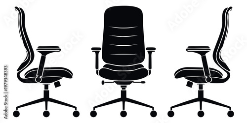 Set of black and white ergonomic leather office armchairs featuring contemporary design and wheels for a comfortable business conference interior isolated on an empty workspace background.
