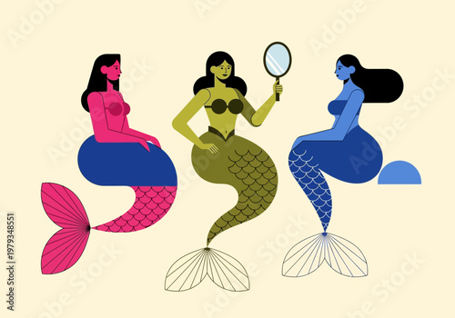 Flat Vector Illustration of Three Diverse Mermaids, Mythical Sea Creatures with Hand Mirror, Minimalist Character Design