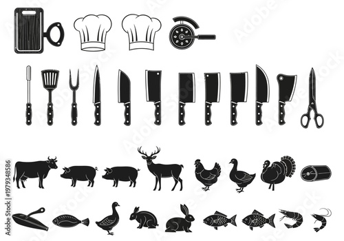 Professional Kitchen Knife Set and Butchery Animal Silhouettes Icon Collection - Vector Illustrations for Restaurant, Catering, and Culinary Menu Design