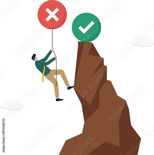 Professional climbing a rock towards a cross and checkmark