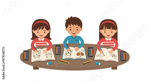 Three children sit at a table coloring in their drawing books with colored pencils, showing a happy and creative learning environment.
