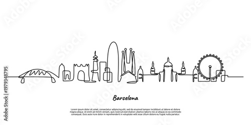 Barcelona city skyline famous architecture, landmarks in continuous one line drawing minimalist