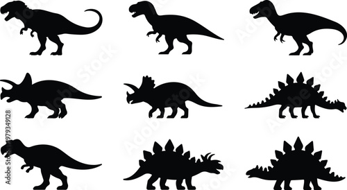 Clean vector illustration of dinosaur silhouettes collection including T-Rex stegosaurus and triceratops in dynamic pose grid