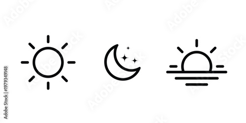 Day and night vector icons set. Morning sunrise, noon sun, and night moon with stars symbols. Morning, noon, and night icons