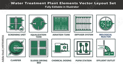 Wastewater treatment plant vector icons, top view WWTP system layout, aeration, clarifier, sludge processing, biological reactor, environmental engineering CAD symbols