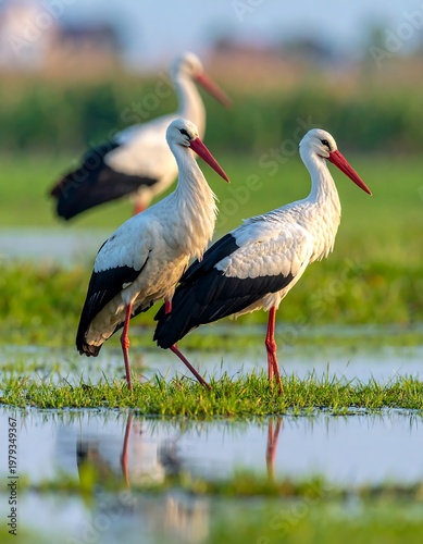 Three storks wading in shallow water among green grass under sunny skies