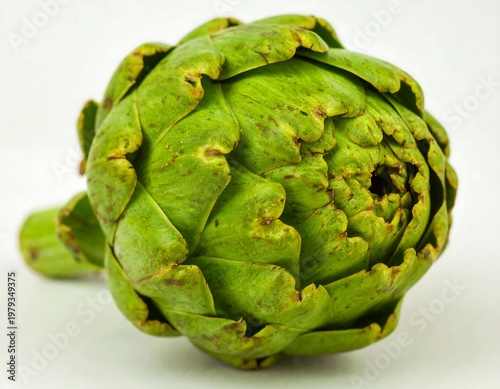 Close-up of a vibrant green artichoke against a neutral white background. Features intricately layered leaves and textured surface
