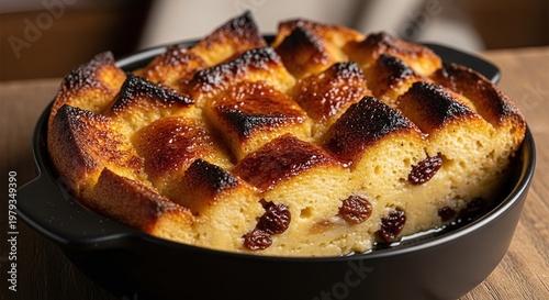 Baked Bread Pudding with Raisins.