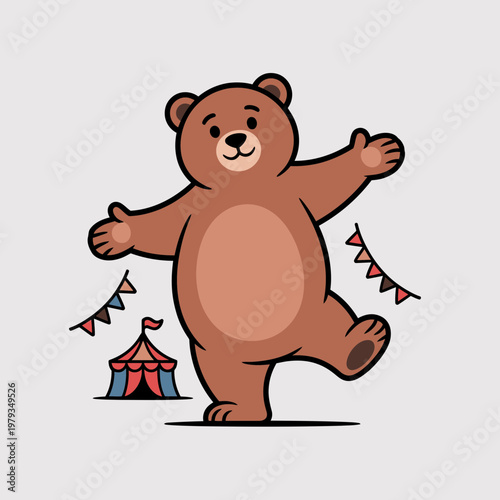Brown cartoon bear dancing at a colorful circus with a tent and bunting flags conveying joy and playfulness