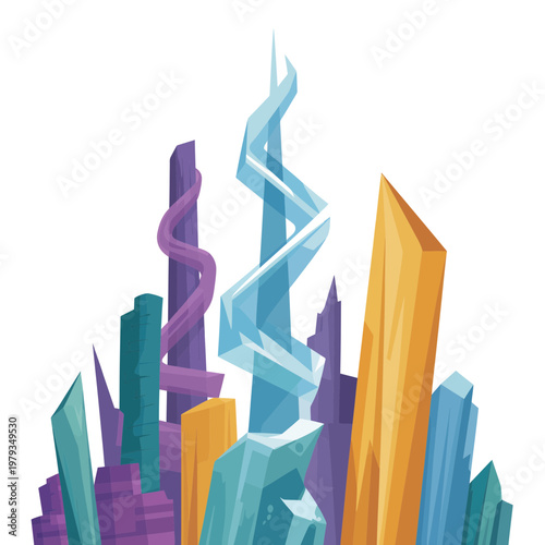 Futuristic cityscape with colorful skyscrapers and abstract architecture on white background urban landscape