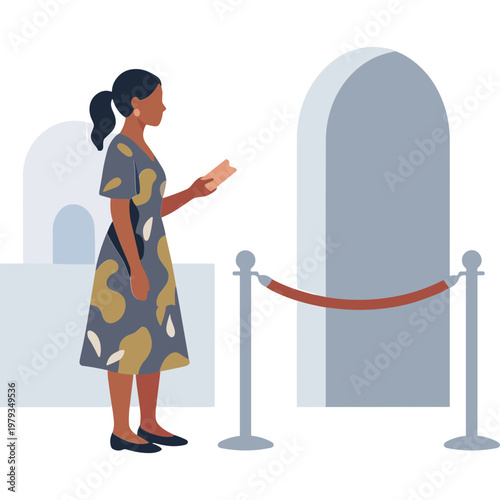 Woman reads ticket in front of museum entrance with barrier ropes.