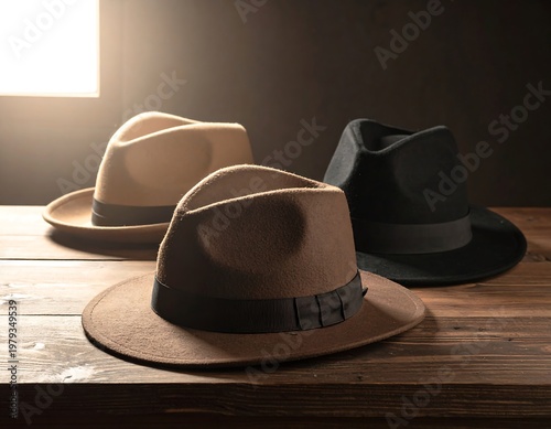 Three stylish fedora hats arranged on a rustic wooden surface, illuminated