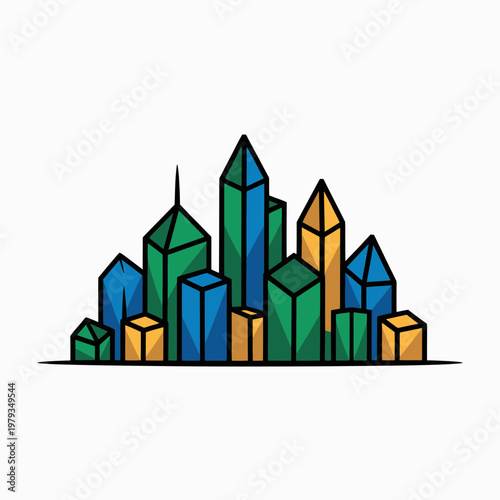 Colorful city skyline with blue green and yellow buildings on white background urban landscape illustration