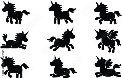 Clean vector illustration of galloping unicorn silhouettes including winged variations in structured grid composition dynamic action poses