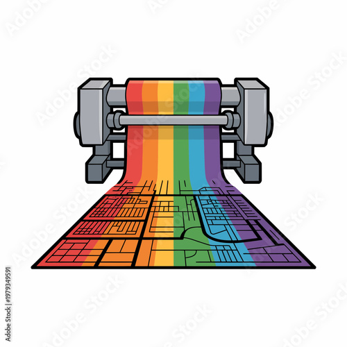 Colorful plotter machine printing vibrant rainbow circuit board design on large sheet of paper