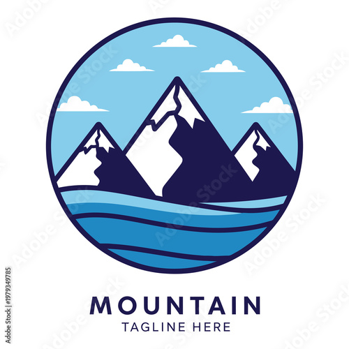 Mountain landscape with snow capped peaks and clouds in circle frame icon