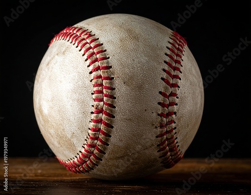Close-up of a well-worn baseball with red stitching, placed on a wooden surface against a dark background, showing texture