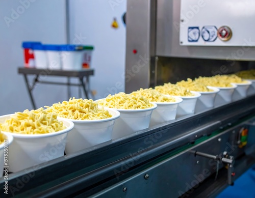 Close-up of automated food production. Bowls with noodles travel along a conveyor belt in a factory setting, with supplies in the background