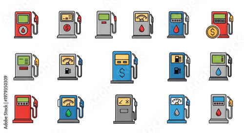 Collection of colorful gas pump icons in a grid pattern.