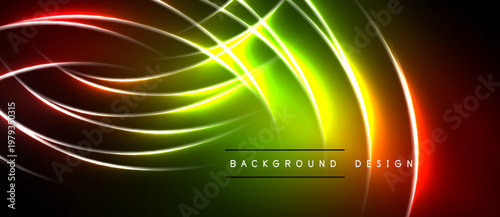 Vibrant neon lines create abstract flow. Green, yellow, red hues blend into dark background. Modern design element.