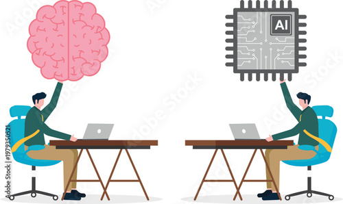Two professionals with brain and AI chip icons at desks