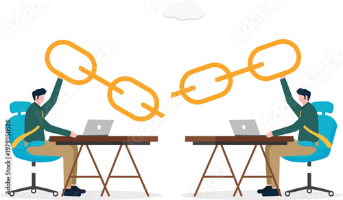 Two professionals holding broken gold chain links at desks